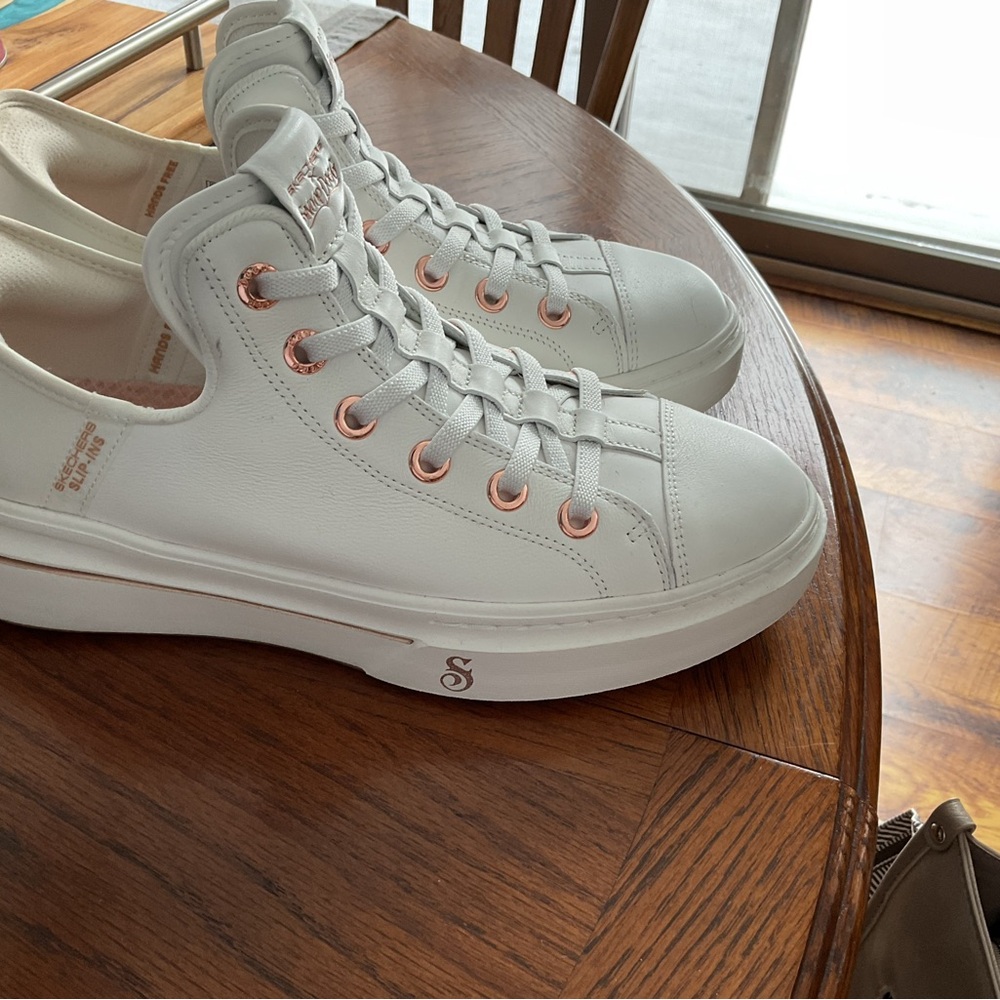 Skechers White Sneakers with Rose Gold Details